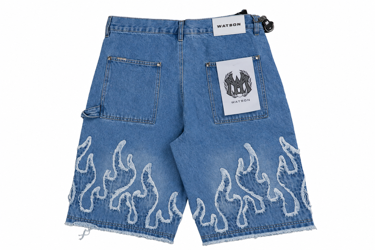 Watson Flame Applique Denim Shorts Light Wash