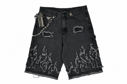 Watson Flame Applique Denim Shorts Black