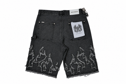 Watson Flame Applique Denim Shorts Black