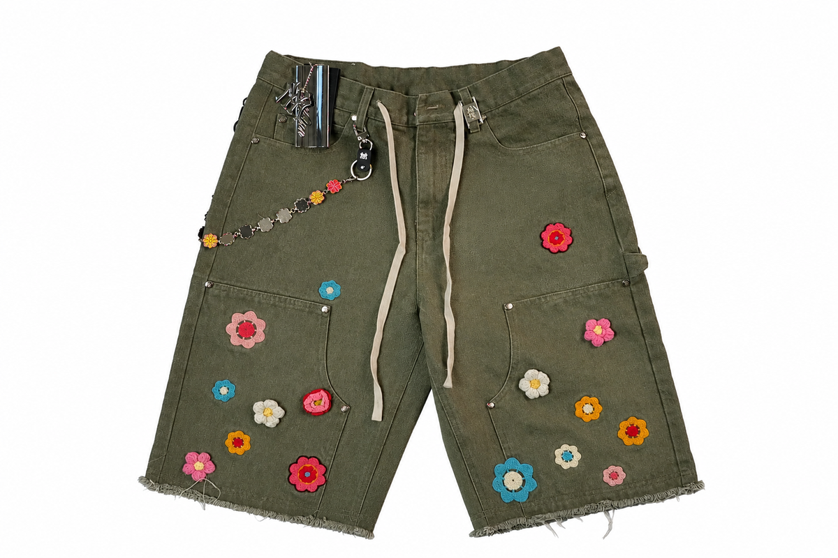 Watson Crochet Flower Jade Denim Shorts Khaki