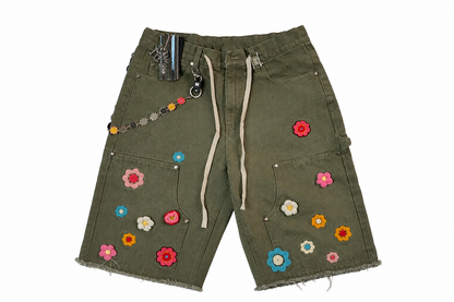 Watson Crochet Flower Jade Denim Shorts Khaki