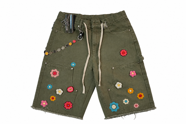 Watson Crochet Flower Jade Denim Shorts Khaki