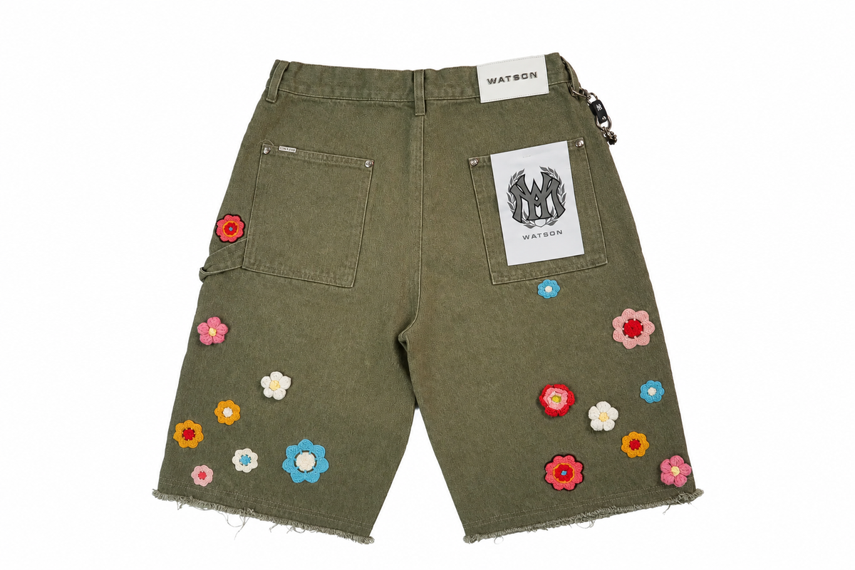 Watson Crochet Flower Jade Denim Shorts Khaki