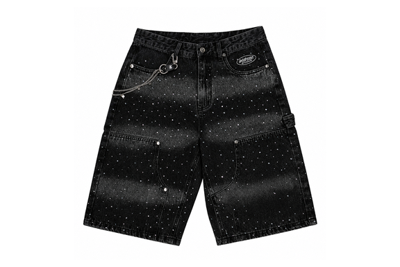 Watsom Multi Rhinestone Denim Carpenter Shorts Black