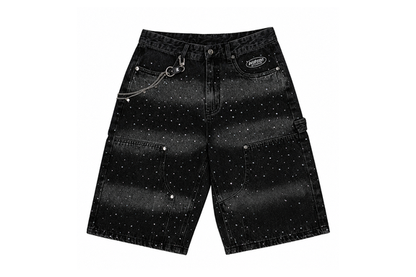 Watsom Multi Rhinestone Denim Carpenter Shorts Black