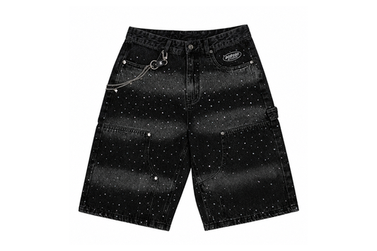 Watsom Multi Rhinestone Denim Carpenter Shorts Black